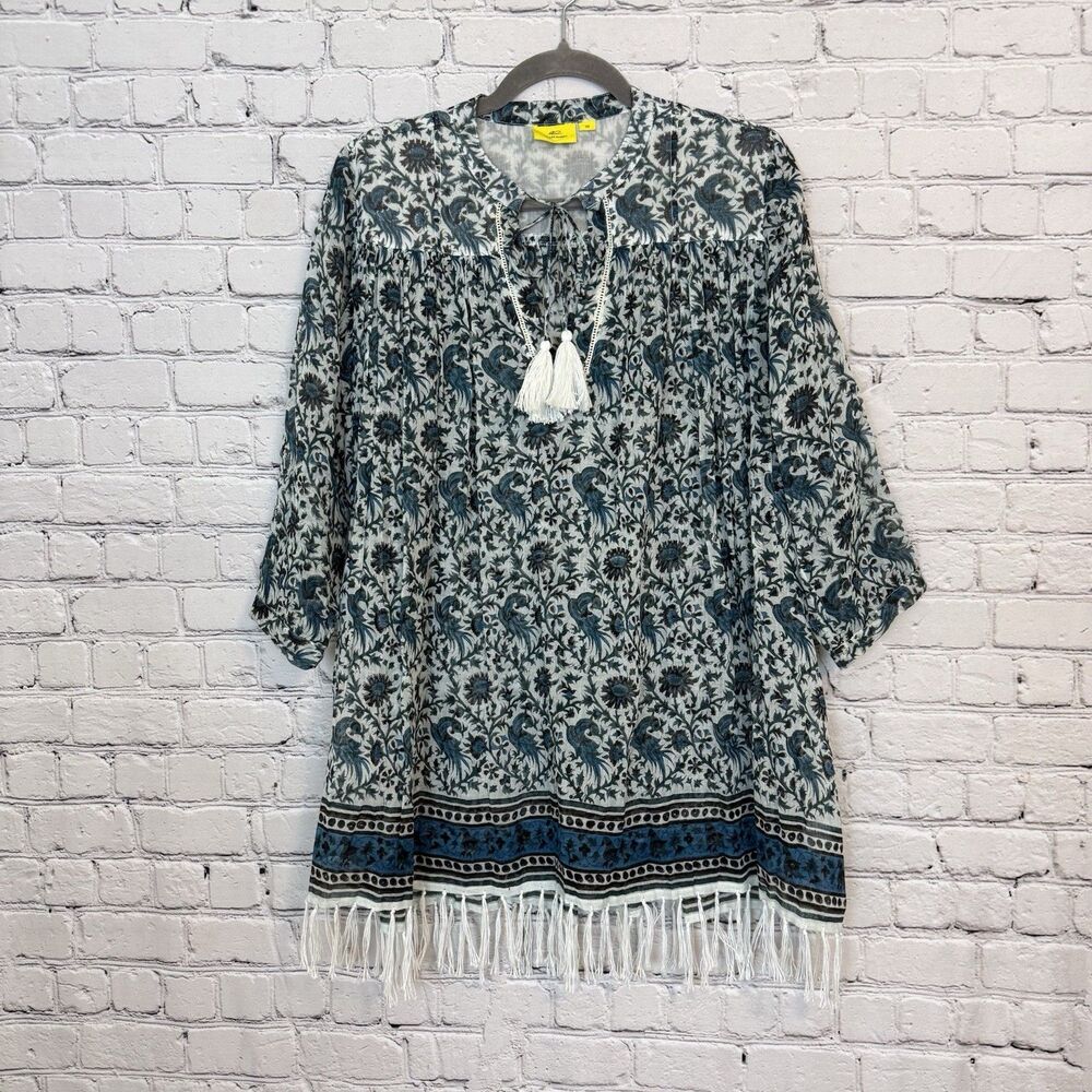 Roller Rabbit Serafina Swim Cover Up Tunic Dress Size XS Fringe Hem Blue Floral